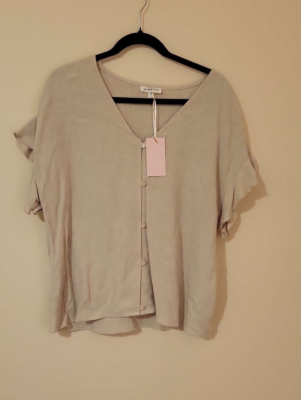NLt Oatmeal Beige V-Neck Button Front Women's Top